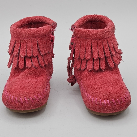 Minnetonka pink suede double Fringe baby booties size 2 - Picture 10 of 16